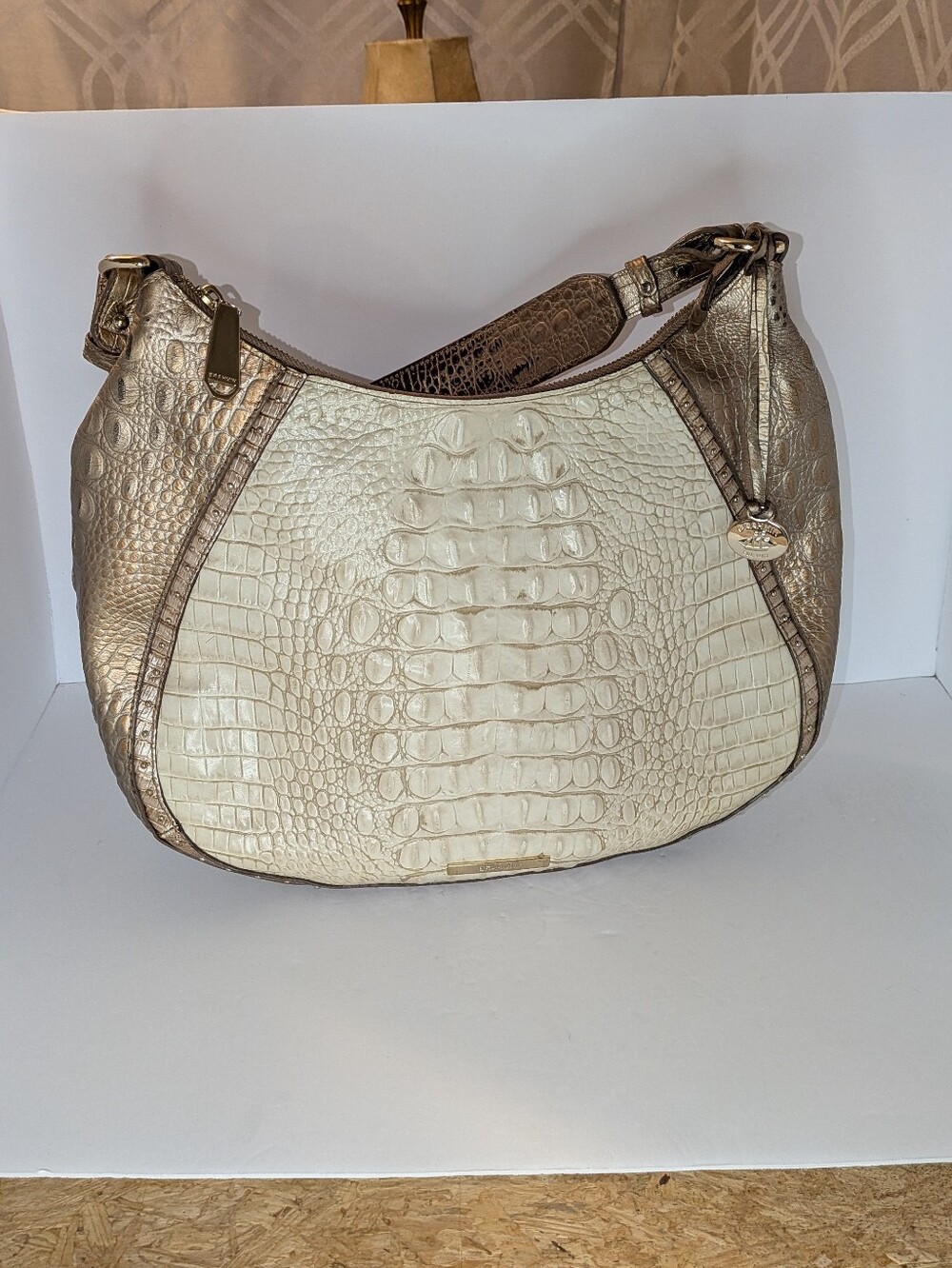 Brahmin Amira Hobo Shoulder Bag Leather Croc Embossed Champagne Koubba